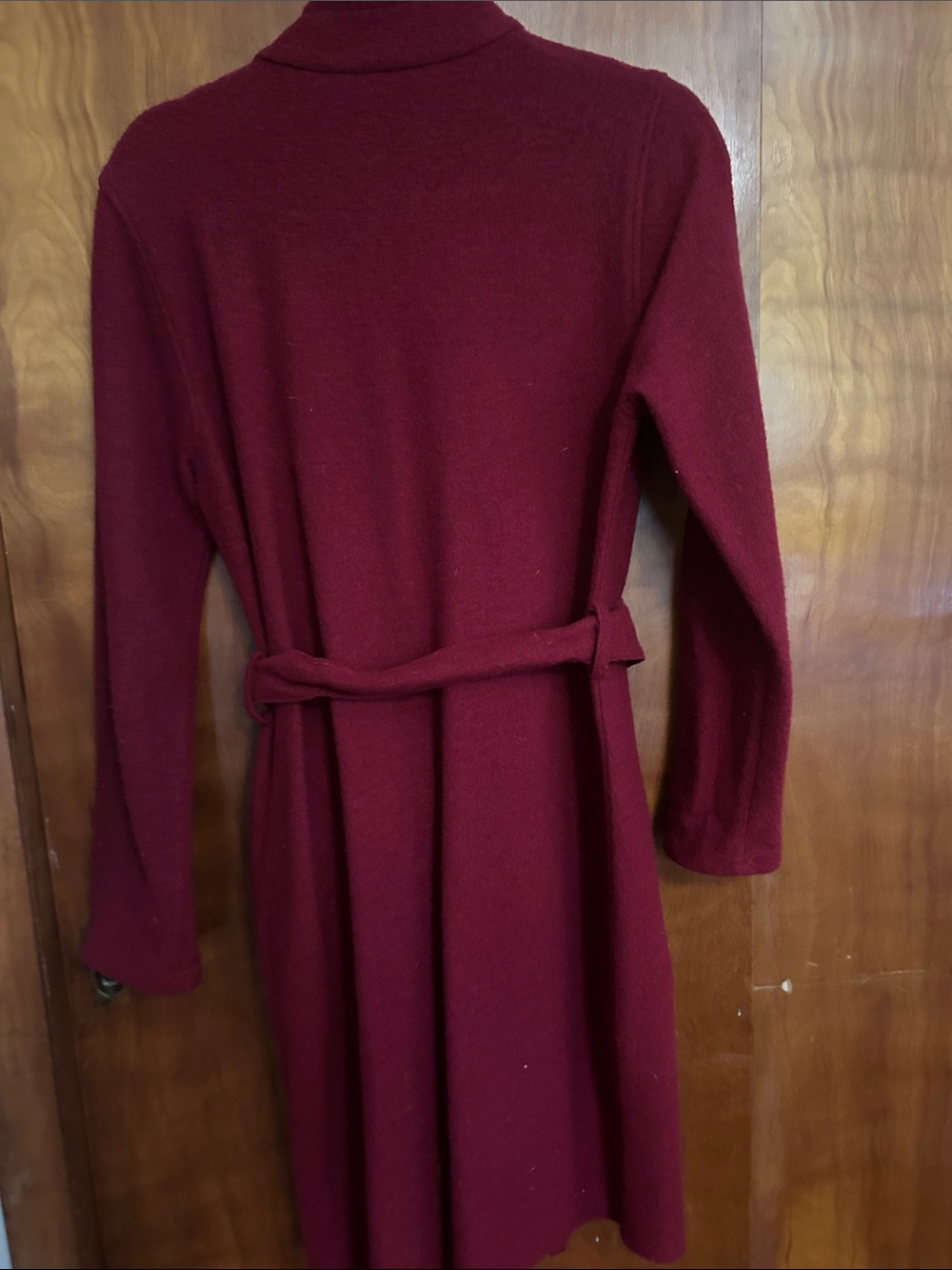 Women's Ruffle Wrap Coat- Deep Red - Picture 4 of 5
